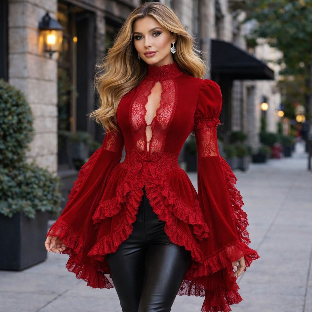 Dark Red Velvet Victorian Gothic Jacket Lace Ruffle